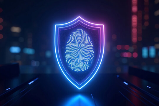 Cinematic holographic fingerprint with glowing neon shield, futuristic biometric cyber security illustration, ultra detailed 3D octane render with blue particles on dark background