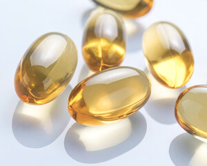 Transparent gelatine capsules with fish oil close up