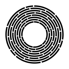 Concentric segments of circles. Segmented black circle. Dashed lines following a circle path. Maze. Design element. Abstract geometric black curved shapes isolated on white background.