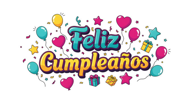 Cheerful Feliz Cumplea&ntilde;os text greeting design with balloons hearts and bright party elements for birthday celebration clipart