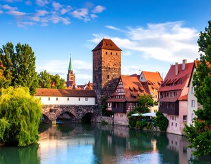 Obraz premium Panoramic view of a European city by a river with historic architecture