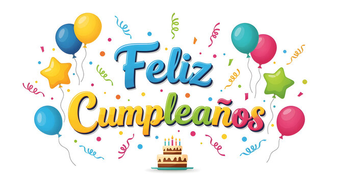 Lovely Feliz Cumplea&ntilde;os greeting clipart text design with balloons hearts and decorative elements for birthday party graphics