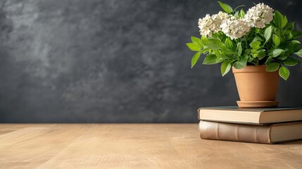 Fototapeta premium A terracotta pot with blooming white flowers sits atop a stack of books on a wooden table against a dark textured background