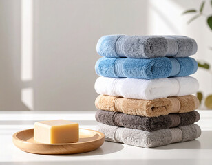 Stack of colorful folded towels in shades of blue, white, beige, gray, and brown placed on a clean surface with natural sunlight, next to a wooden plate with bar soap, spa and home concept.
