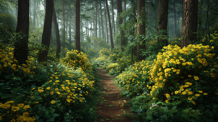 A serene forest path lined with vibrant yellow flowers and tall trees, bathed in soft morning light.