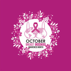Creative Breast Cancer Awareness Month 2025 poster with pink ribbon, floral wreath, and world map bra design for October health campaign.