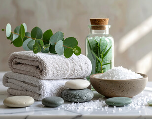 Spa composition with soft folded towels, eucalyptus branch, natural sea salt in ceramic bowl, smooth massage stones and glass jar with green bath salt. Wellness and relaxation concept.
