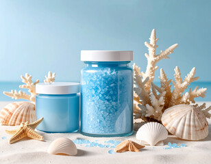 Blue sea salt and cosmetic cream jars on sandy beach with seashells, starfish and coral, symbolizing spa care, relaxation, marine beauty, skincare, wellness and summer vacation.
