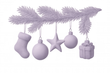 Pastel purple christmas ornaments dangling from fluffy pine branch, transparent background ideal for festive holiday design elements