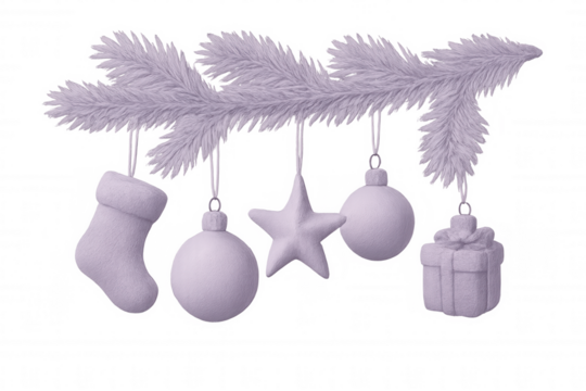 Pastel purple christmas ornaments dangling from fluffy pine branch, transparent background ideal for festive holiday design elements - Powered by Adobe