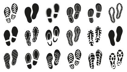 Shoe prints collection. Different footwear sole prints and shoe imprints for hiking, walking, sneakers, and outdoor footprint