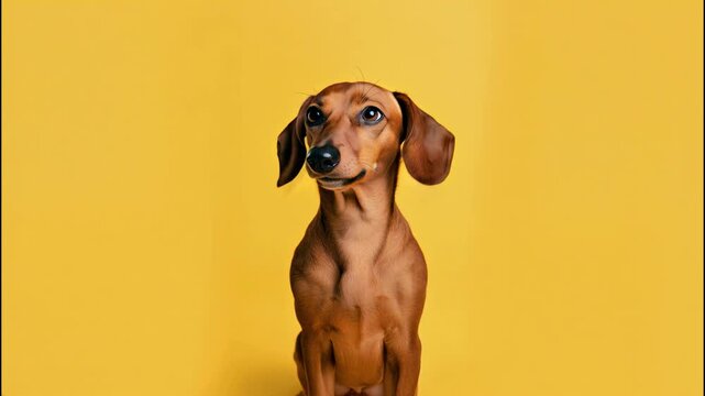 A Dachshund looking around the room at different things.	
