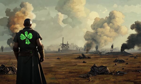 Epic Warrior Navigates Desolate Battlefield Under a Dramatic Sky Filled With Smoke and Clouds Generative AI
