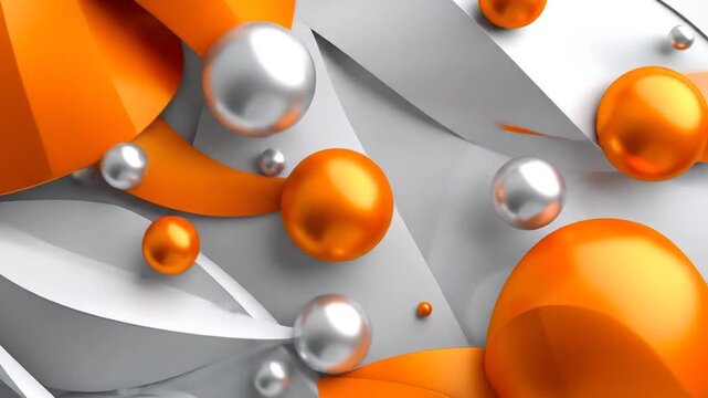 Abstract composition of orange and grey shapes with spheres