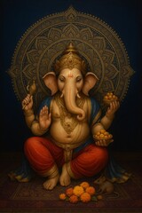 Lord Ganesha, Hindu deity with elephant head, seated with a mouse at his feet, wearing traditional attire