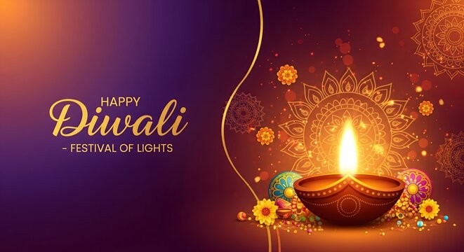 Happy Diwali greeting with glowing diya lamp and colorful floral decorations on elegant purple and orange background, symbolizing prosperity, joy, and celebration of the festival of lights