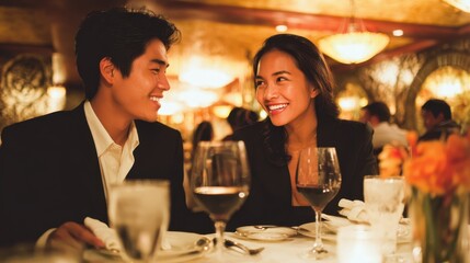 Couple Fine Dining. Asian Eaterie Experience with Wine at Upscale Restaurant