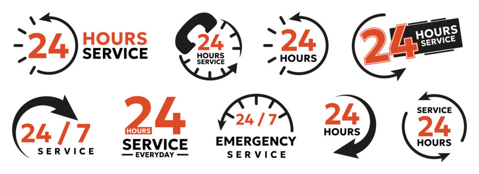 24 hours service logos collection. Modern icons and labels with 24/7 emergency and everyday service