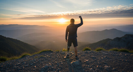 Inspirational Climber with Prosthetic Leg at Mountain Summit