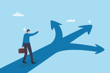 Making decision to the right path, determination or choice selection, leadership or ambition to success, opportunity choices, confidence businessman make decision pointing finger to success path.