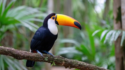 Fototapeta premium A colorful toucan perched on a branch amidst lush greenery, showcasing its vibrant beak and striking features in a tropical setting.
