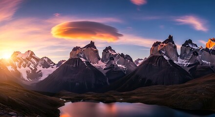 Majestic Mountain Range at Sunset with Unique Cloud Formation Reflected in Lake