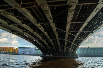 Trinity Bridge - bascule bridge across Neva river in St Petersburg, Russia. It was the third permanent bridge in St Petersburg across the Neva