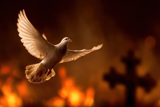Dove Pentecost. Holy Spirit Peaceful Dove Flying in Catholic Cross Background - Powered by Adobe