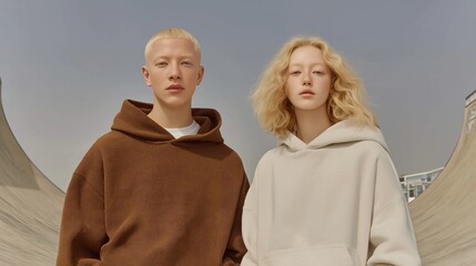 Two young people, a boy and a girl, standing side by side in front of a curved wall. the boy is on the left side of the image, wearing a brown hoodie with a white t-shirt underneath.