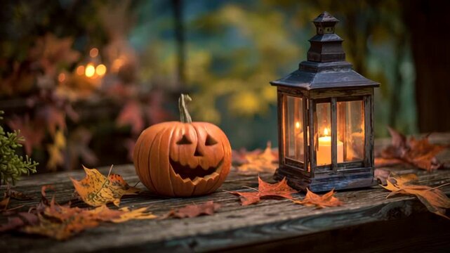 Fondo de Halloween con calabaza con cara y luces saltando, farol encendido con velas y fondo desenfocado con hojas secas de oto&ntilde;o y arboles. Concepto celebraciones y fiestas de oto&ntilde;o