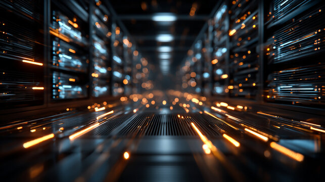 Illuminated server room with data storage racks and network connections