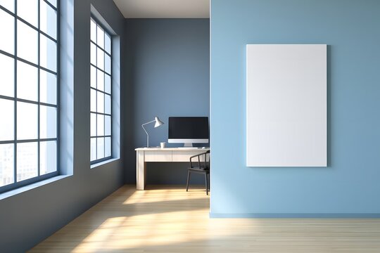 Modern office interior with natural light and blank canvas mockup