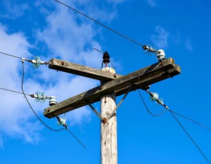 Old wooden utility pole with wires against a partly cloudy blue sky