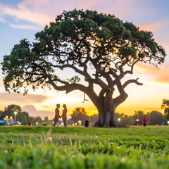 A couple stands in loving silhouette beneath a large, magnificent tree at sunset, bathed in warm, golden light.