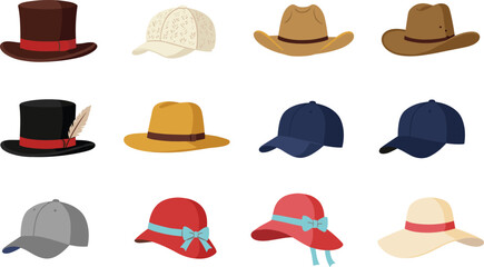Various stylish hats collection, including top hats, baseball caps, cowboy hats, sun hats, and fedoras, fashion accessories illustration.