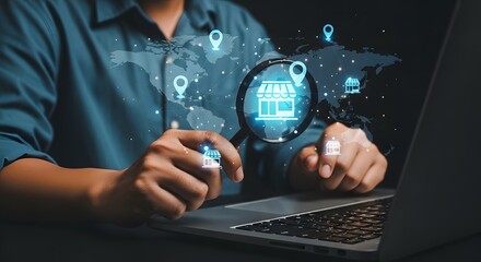 Businessman using laptop to search for franchise business locations, expansion, and investment opportunities with digital interface