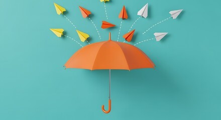 Obraz premium Orange umbrella protecting paper airplanes, symbolizing risk management, insurance, and safety, on a blue background, flat lay composition