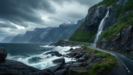 Dramatic coastal road, waterfall, and stormy sea