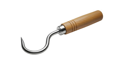 Metal hook tool with wooden handle for pulling lifting and maneuvering heavy objects isolated on white on transparent background