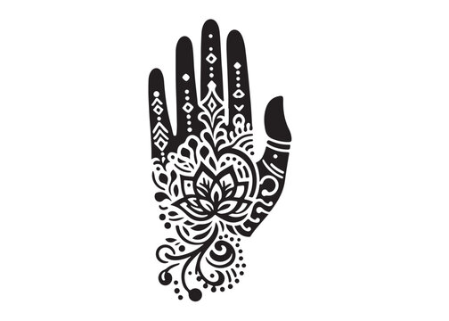 hand mehndi logo silhouette vector, mehendi silhouette vector illustration, mehndi henna tattoos silhouette vector, wedding mehndi design logo silhouette vector on white background 