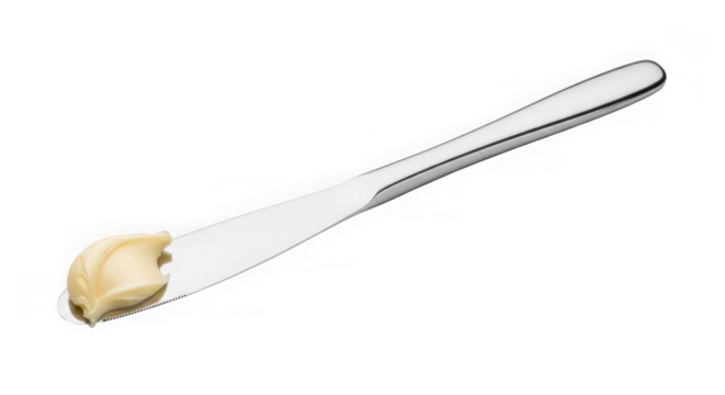 Butter on a butter knife, spreading dairy product isolated on transparent background