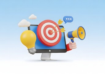 A 3d rendering of a computer screen with a bullseye, megaphone, and lightbulb representing digital marketing and target achievement