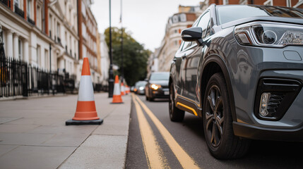 Poor school parking with cars and cones blocking London street during morning drop off