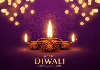 Golden Diwali oil lamps glowing on purple background with festive bokeh lights, symbolizing joy, prosperity, and tradition during the Indian festival of lights