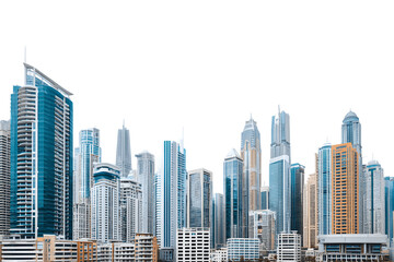 Obraz premium Majestic skyline of futuristic urban downtown skyscrapers in a photography style