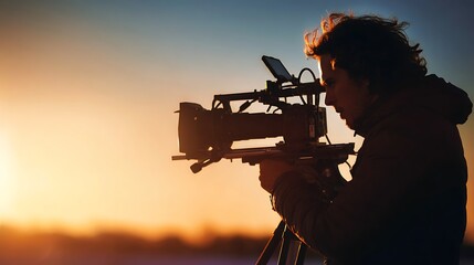 Filmmaker capturing sunset scene Professional video equipment on tripod Creative media production in beautiful natural light