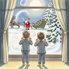 Boys Viewing Santa Sleigh Outside Window