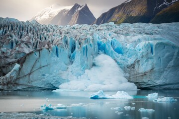 Majestic glacier calving into icy waters with dramatic mountain background and soft natural light during polar climate change concept moment. Ai generative