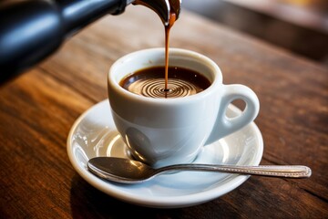 Close-up of coffee being poured into a white ceramic cup on wooden table with spoon and saucer, showing ripple effect in liquid surface. Ai generative
