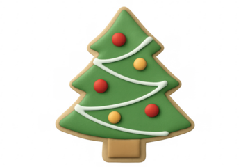 Christmas tree shaped cookie with green icing and colorful candy decorations on transparent background